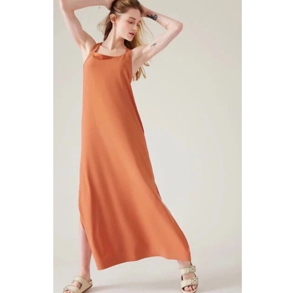 Athleta‎ Arrival Dress Sunbaked Clay Orange Cross Back Maxi XS Travel Minimalist